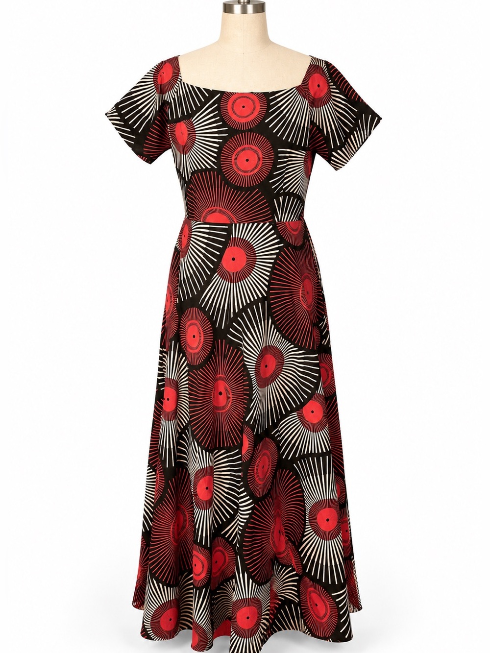 Bright sunburst pink, black & white cotton maxi gown / dress. Full skirt- 12